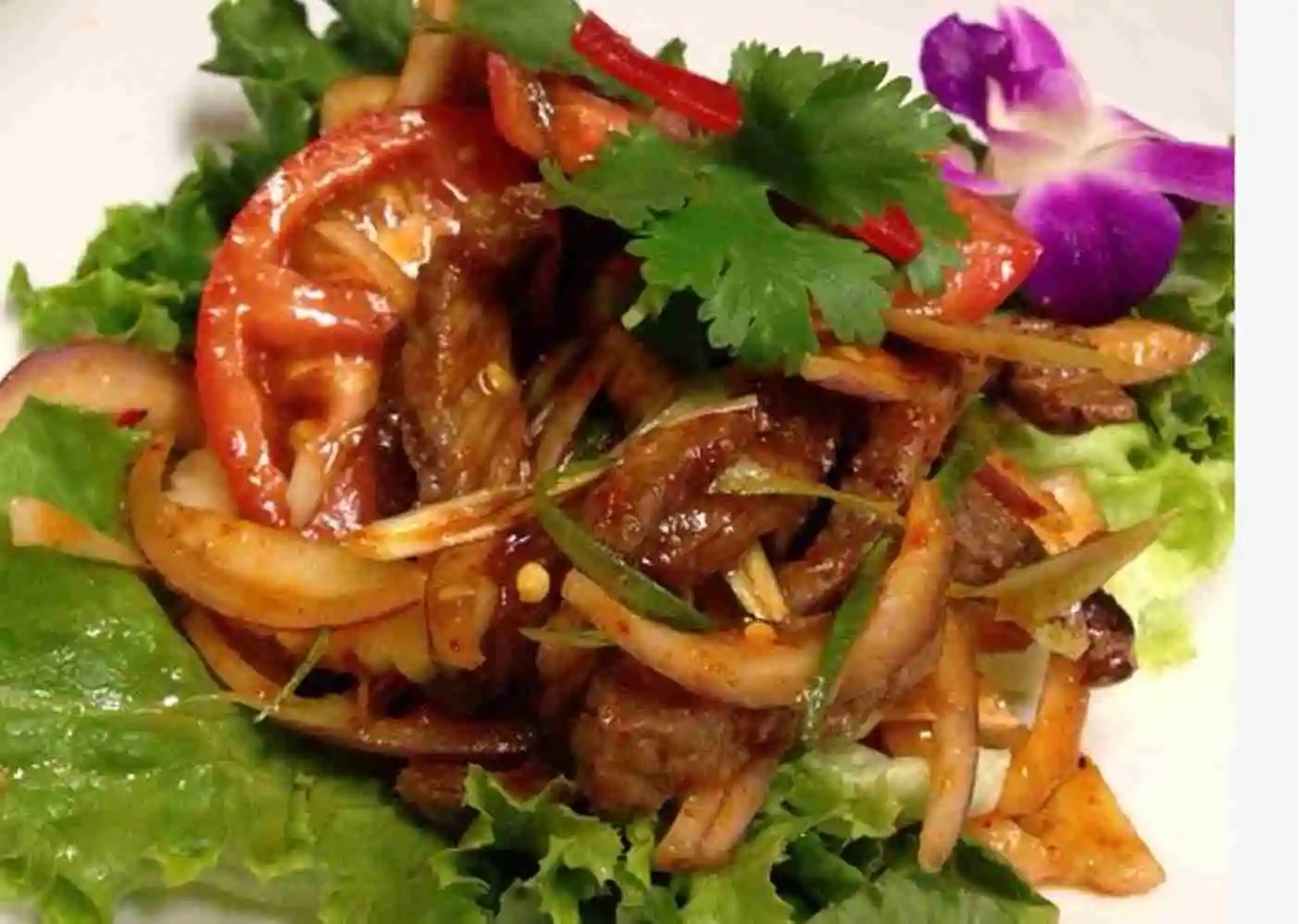 Marinated pork strips and onions on a bed of lettuce