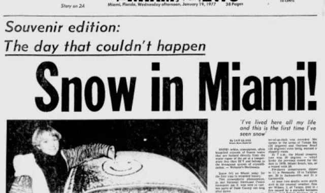 Newspaper Clipping of when it snowed in Miami