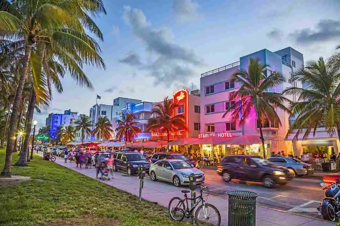 Ocean drive lit up at night