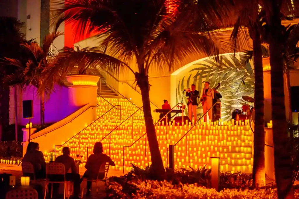 Elivar Rooftop Bar at night with Miami Skyline in backgorund